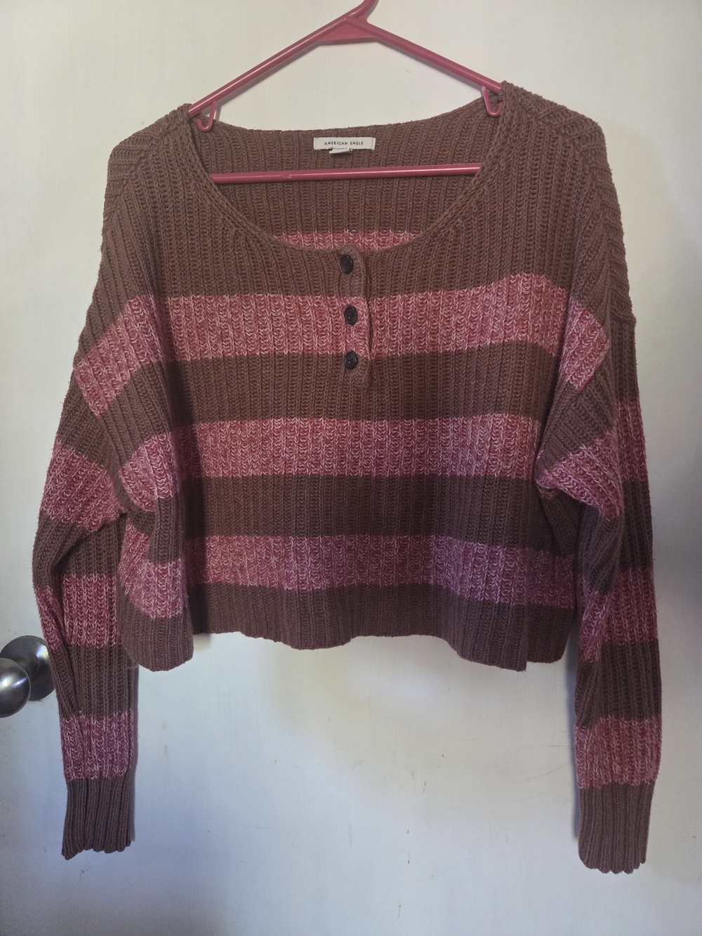 American Eagle Outfitters Brown & Pink Striped Scoop Henley Sweater